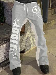 Manfinity EMRG Men's Color Block Letter Graphic Drawstring Waist Sweatpants, For Rave - Light Grey - View 7