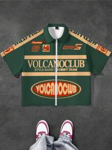 SHEIN Tween Boy 休闲时尚字母条纹拼接，酷炫学院徽章印花翻领拉链短袖衬衫