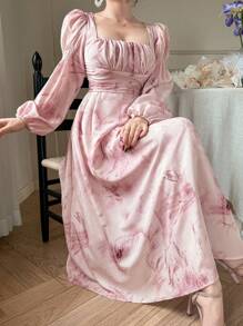 DAZY 女士春秋情人节方领扎染长袖中长连衣裙 - 粉色 - 查看 3