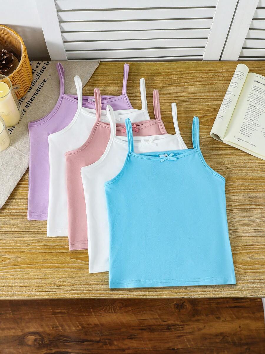 SHEIN Genkimix Kids 5 件/包年轻女孩牛奶丝简约吊带背心上衣带蝴蝶结,休闲舒适针织内衣,适合日常穿着 - 彩色 - 查看 1