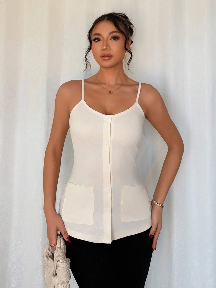 SHEIN Unity Casual Commuter Minimalist Solid Color Front Button Camisole - Apricot - View 1