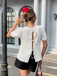 SHEIN Unity Casual Minimalist Solid Color Puff Sleeve Tie Back Shirt - White - View 5