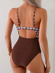 Swim Lushoire 1 pieza Traje de baño de mujer con copa de sujeción y estampado de pata de gallo para vacaciones de primavera, para verano