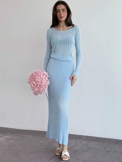 Aloruh 2 件女式纯色圆领长袖毛衣和长款针织 A 字裙套装，合身