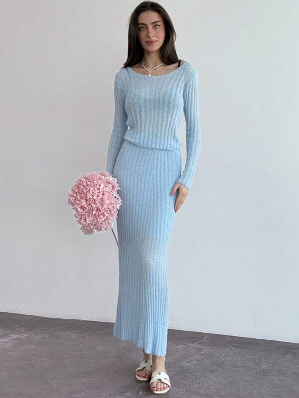 Aloruh Set de 2 piezas de suéter de cuello redondo de unicolor de manga larga y falda larga de punto de línea A ajustada para mujer