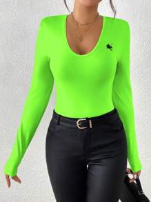 INAWLY Bright Color Women V-Neck Luminous Knight Graphic T-Shirt - Mint Green - View 3