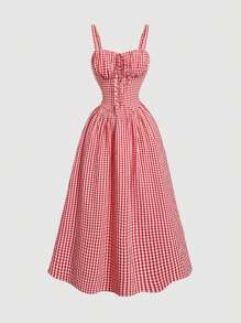 SHEIN MOD Vestido con vuelos de cuadros, lazo, nudo delantero, falda cinturón, para vacaciones tropicales para mujer, vestido elegante rojo