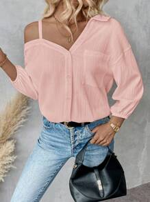 SHEIN Essnce Women's Spring/Fall Solid Color Asymmetric Collar Dropped Shoulder Loose Casual Blouse Spring And Summer New Fashion Street Style Casual Asymmetrical Shoulder Shirt - Baby Pink - View 5