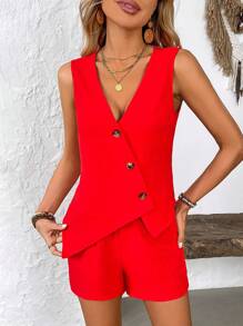 EMERY ROSE Summer Casual Loose Asymmetric Vest & Shorts Set - Red - View 3
