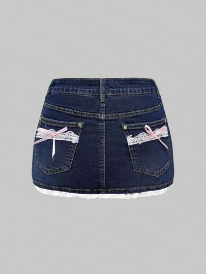 Kawaii Minifalda vaquera de cintura baja ajustada con lazo de encaje, estilo retro Y2K