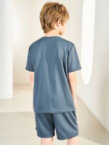 SHEIN Leap Crew Tween Boy Patched Detail Top & Track Shorts Set - Dusty Blue - View 2