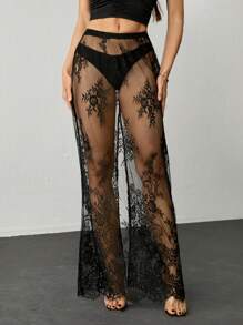 SHEIN Tall Y2K Women's Black Summer Fashion Sexy See-Through Lace Extra Long Versatile Skirt