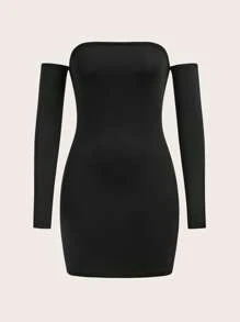Comfortcana Vestido corto entallado de manga larga con hombros descubiertos, de color liso, de moda - Negro - Ver 1