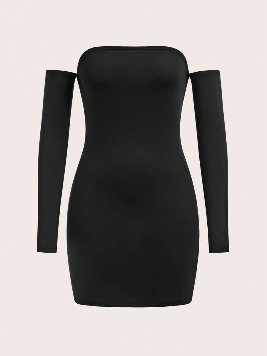 Comfortcana Vestido corto entallado de manga larga con hombros descubiertos, de color liso, de moda - Negro - Ver 1