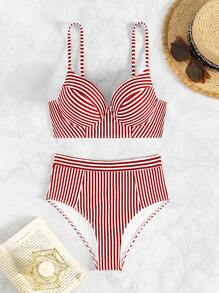 SHEIN Swim Beach Summer Outfits For Women, Random Print Bikini Set - Red and White - View 4