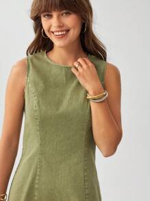 Wildy BOHO Sage Green Dress Western Wear Women Women Sleeveless Round Neck Bodycon Distressed Mini Dress - Army Green - View 5