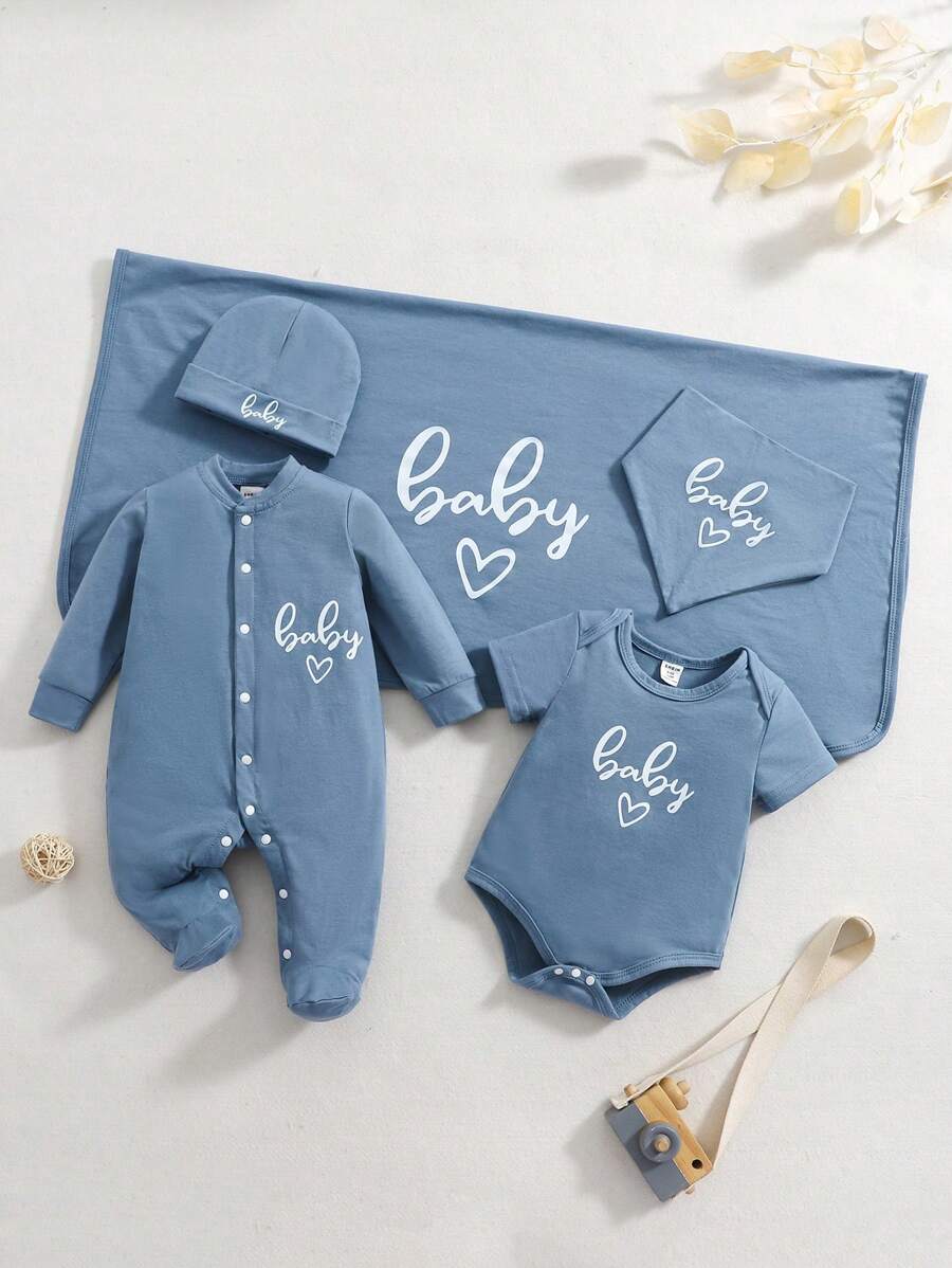 新生儿 5 件套春夏针织连体衣、口水围兜、毛毯、帽子、英文字母休闲服装家具 - 藍色 - 查看 1