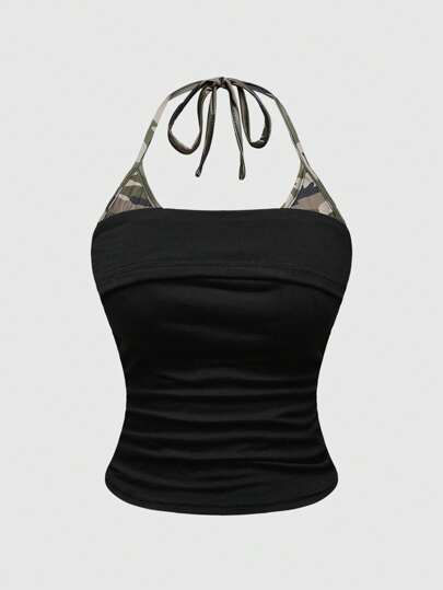 Grunge Punk Top halter de 2 en 1 con estampado de camuflaje y contraste de colores, sexy, para conciertos, festivales y vacaciones de primavera