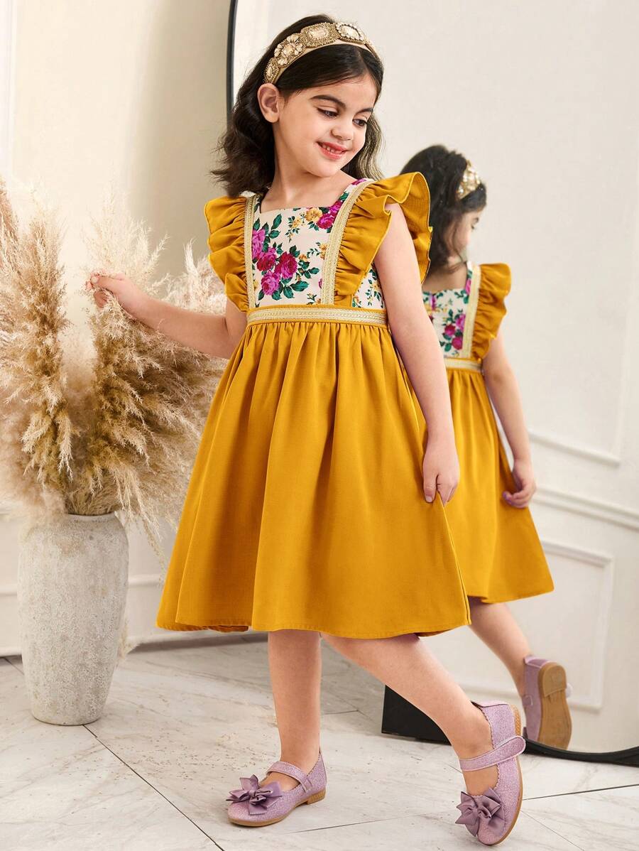 SHEIN Young Girl Color Block Ditsy Floral Square Neck Ruffled Hem Fitted Dress - Yellow - View 1
