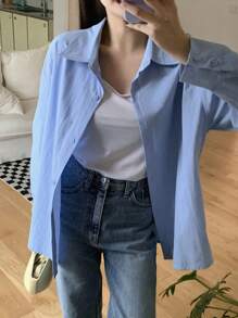 DAZY 女士纯蓝色休闲衬衫，商务休闲 - 藍色 - 查看 5