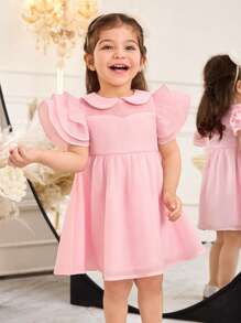 SHEIN 女婴甜美领口 A 字裙，飘逸袖子，优雅简约的设计 - 粉色 - 查看 4