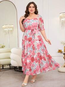 Modelyn Floral Print Elegant Plus Size Bodycon Dress - Multicolor - View 5