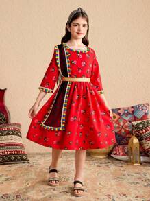 Vestido Ajustado na Cintura com Estampa Degradê de Rosa e Tule para Meninas Pré-Adolescentes, Adequado para Ramadã, Passeios e Outras Ocasiões