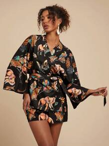 Travachic 女士度假优雅动物印花宽松 V 领系带衬衫