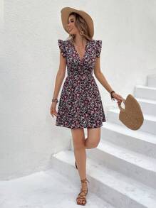 Serisse Ditsy Floral V-Neck Sleeveless Ruffle Trim Waist-Cinching Short Dress - Multicolor - View 4
