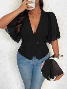 SHEIN Unity Fashionable Spring/Summer French V-Neck Chiffon Patchwork Blazer Graduation,Back To School,Teacher Outfits For Women - Black - View 6