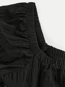 SHEIN Tween Girls' Woven Textured Black Square Neck Puff Sleeve Cutout Back Bow Decor Casual Vacation Dress, Suitable For Spring Outing, Countryside, Garden Afternoon Tea, Casual Outings, Back To School, Mommy And Me Matching Outfits - Black - View 9