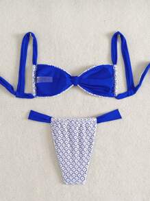 Set da spiaggia estivo da donna, 2 pezzi, top a costine con spalline spaghetti e incrocio lavorato a maglia, abbinato a slip bikini, costume da bagno sexy e abito da spiaggia
