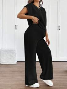 SHEIN 杏色针织宽松蝙蝠袖上衣和裤子套装，孕妇休闲宽松杏色蝙蝠袖 T 恤裤女两件套服装，春夏，休闲日常穿着 - 黑色 - 查看 4