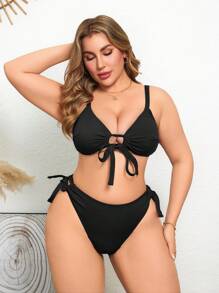 Swim Lushoire Plus Size Adjustable Strap Gathering Bikini Set For Casual Vacation For Summer - Black - View 6