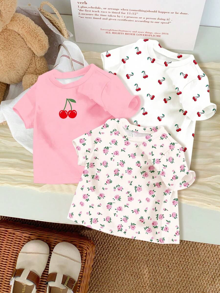 SHEIN 3pcs/Set Baby Girl Casual Cherry & Ditsy Floral Round Neck Short Sleeve T-Shirts, Suitable For Spring & Summer - Multicolor - View 1
