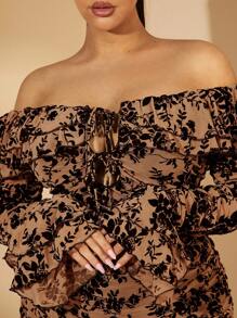 SHEIN BAE Plus Size Women's Romantic & Flocked & Mesh Long Sleeve Off Shoulder Ruffled Mini Bodycon Dress, Suitable For Halloween Party - Khaki - View 6