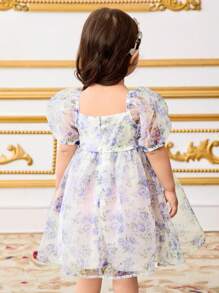 SHEIN Vestido elegante de media longitud para bebé niña con cuello cuadrado, mangas abultadas y decoración de lazo - Azul - Ver 3