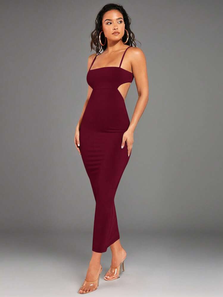selena gomez brown dress V Neck Burgundy Back Lace Up Satin Long Prom Dresses With Side Slit,  Burgundy Open Back Formal Evening Dresses main image 0