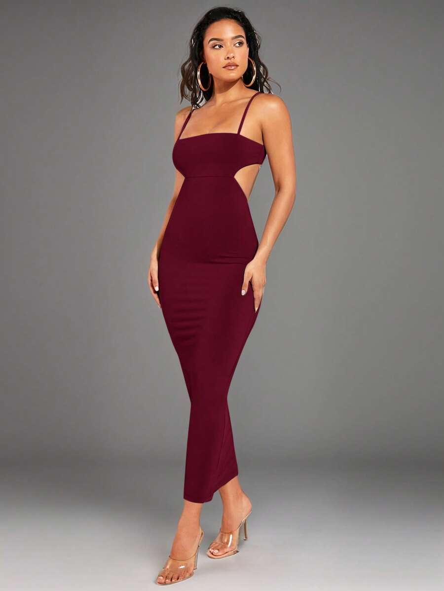 Silquee 女士优雅性感纯色露背修身吊带裙 - 酒紅色 - 查看 1