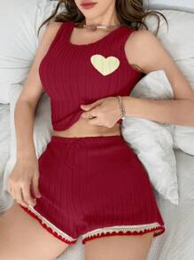 SHEIN 女士心形印花吊带背心和短裤睡衣套装休闲套装 - 紅色 - 查看 1