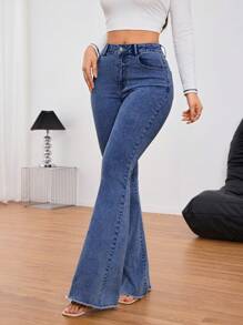SHEIN Tall Solid Color Pocket Button Zipper Wide-Leg Jeans, Suitable For Everyday Wear - Dark Wash - View 7