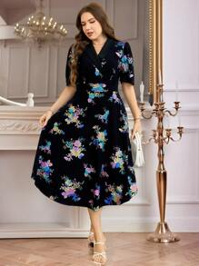 SHEIN Clasi Curvy Plus Size Women's Sparkling Floral Print Short Sleeve Elegant Black Summer Dress,V Neck A-Line Midi Cocktail Resort & Wedding Guest Formal Dress - Multicolor - View 2
