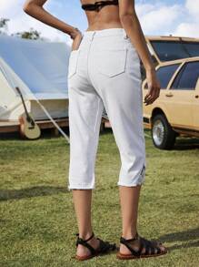 Breezaya 素色蕾丝拼接口袋拉链七分牛仔裤 - 白色 - 查看 2