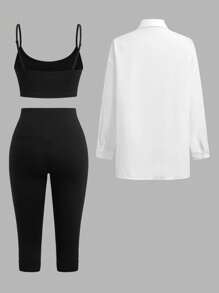 SHEIN EZwear 3-teiliges Damen-Set: Hemd, Trägershirt und Leggings, geeignet für tägliche Sportbekleidung - Schwarz und Weiss - Übersicht 2