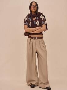 MUSERA Mid Rise Double Pleat Straight Leg Trouser With Belt Loops Spring Summer Elegant Business Casual