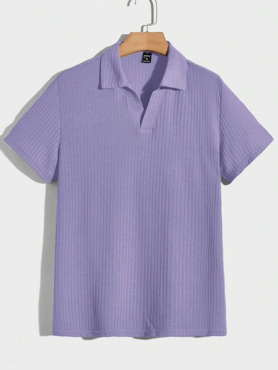 Manfinity RelaxMax Men's Simple Solid Color Textured Short Sleeve Polo Shirt, Casual Polo Shirts For Men Collar - Lilac Purple - View 1