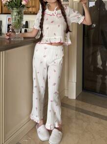 SHEIN Tween Girl Floral Bow Ruffle Trim Round Neck Puff Sleeve Suit Casual Comfy Pajama Set, 2 Pieces - Pink - View 5