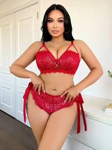 Bộ đồ lót ren và satin viền 2 món cỡ lớn, dòng sản phẩm thanh lịch - Đỏ - Xem 8