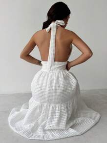 Firerie Romantic Date Ruffles Hemline Halter Backless White Plaid Spring/Summer Fairycore Dress, For Wedding & Valentine's Season - White - View 5