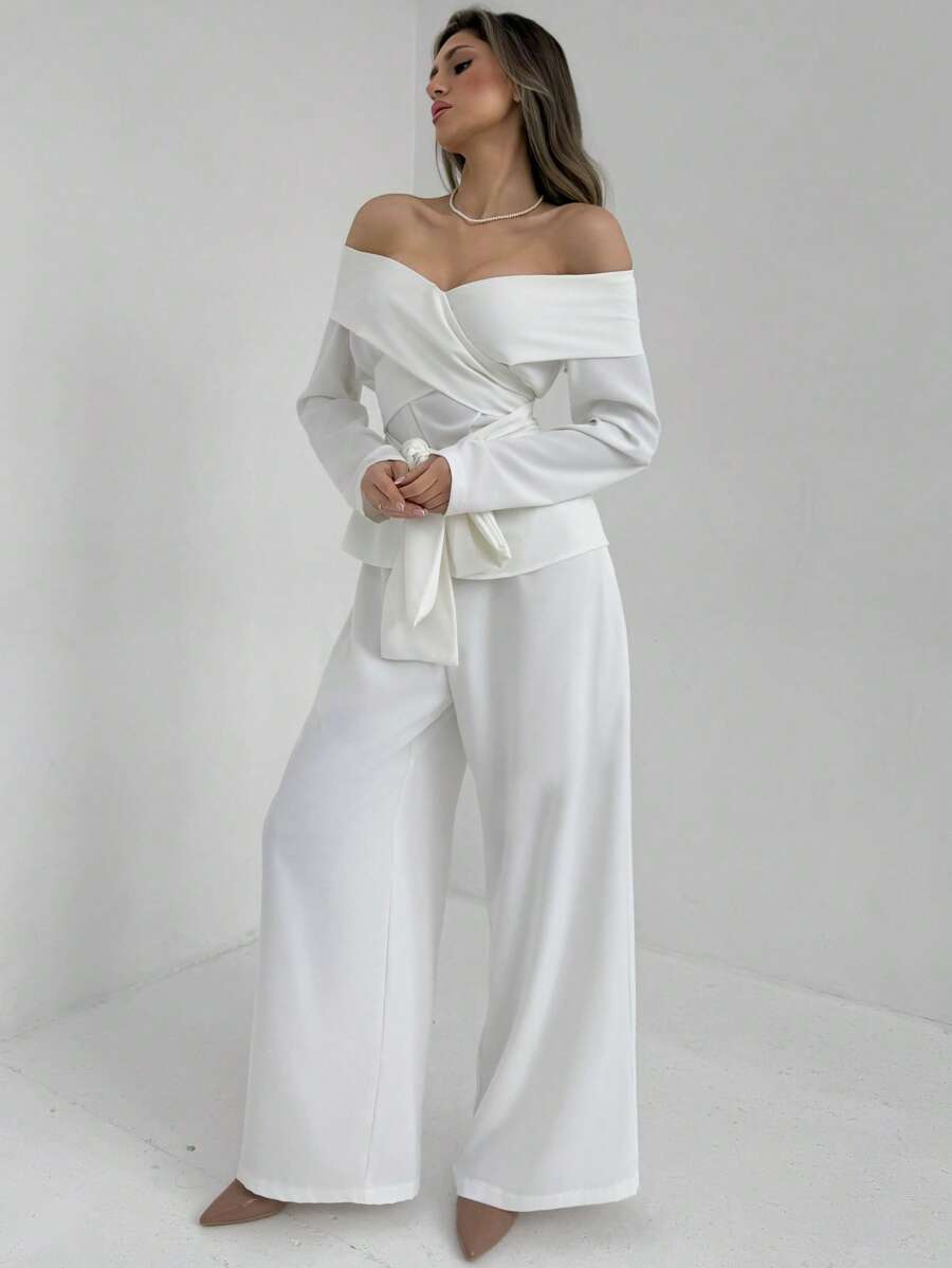 Aloruh New Spring Simple Commuter Solid White Off Shoulder Cinched Waist Top And Straight-Leg Pants Versatile 2 Pieces Set, Suitable For Office - White - View 1